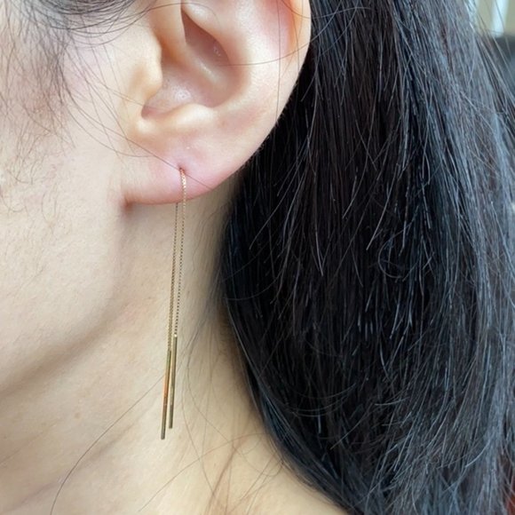 14K Solid Gold Bar Box Chain Threader Earrings - Picture 3 of 3